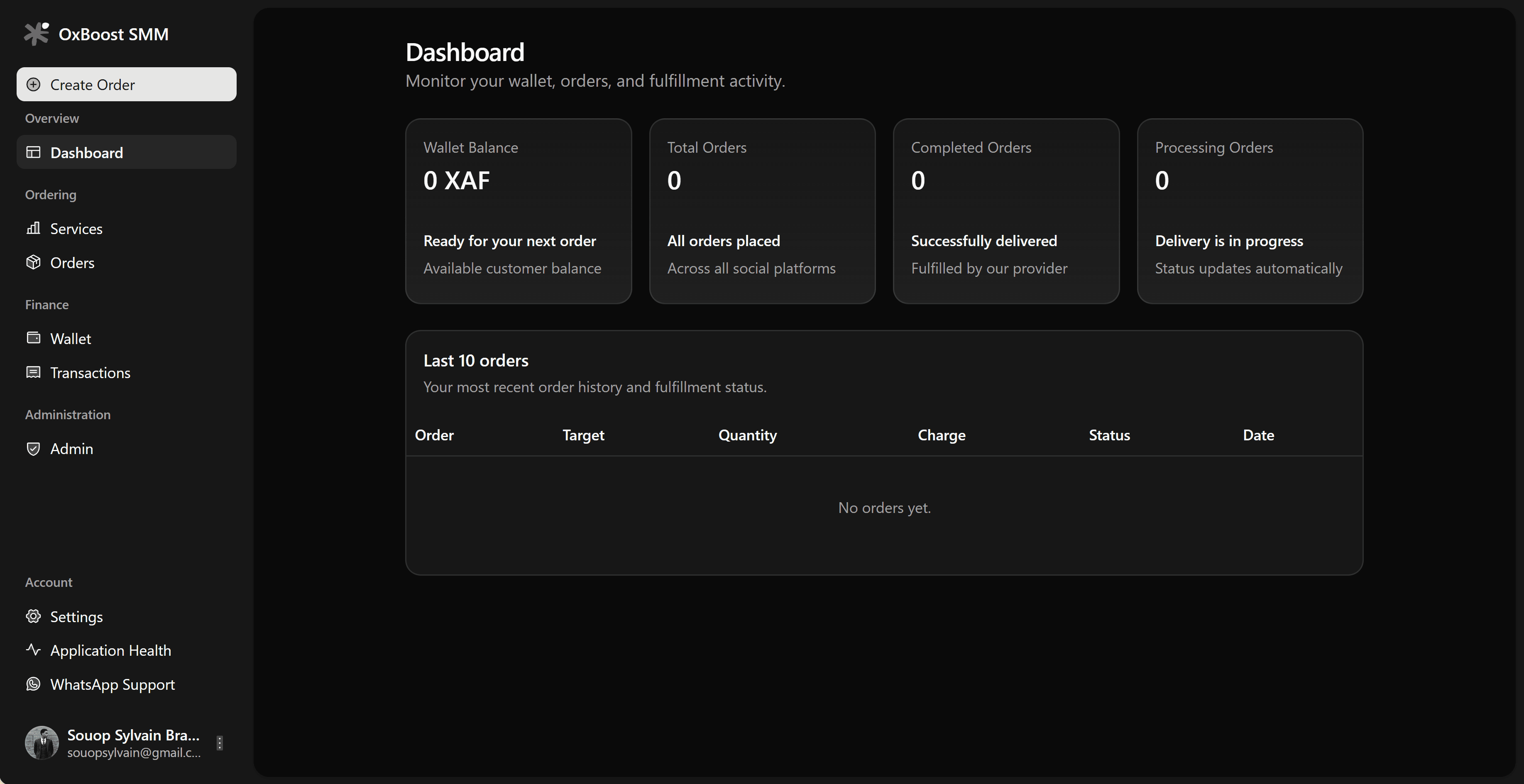 OxBoost dashboard in dark mode